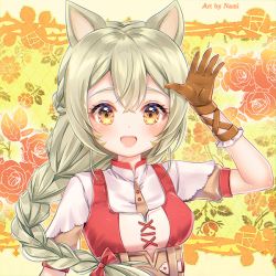 Rule 34 | 1girl, :d, animal ears, arm up, bad id, bad pixiv id, blush, bow, braid, breasts, brown eyes, brown gloves, brown shirt, commission, dress, eyebrows hidden by hair, floral background, gloves, green hair, hair between eyes, hair bow, long hair, looking at viewer, medium breasts, nami (nyaa), open mouth, original, puffy short sleeves, puffy sleeves, red bow, red dress, rose background, shirt, short sleeves, single braid, sleeveless, sleeveless dress, smile, solo, thorns, white shirt