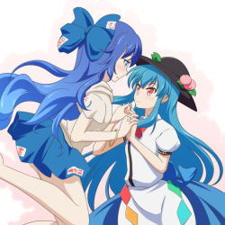 Rule 34 | 2girls, apron, black headwear, blue bow, blue eyes, blue hair, blue skirt, bow, cato (monocatienus), commentary request, face-to-face, food, fruit, hair bow, hinanawi tenshi, holding hands, hood, hoodie, interlocked fingers, looking at another, multiple girls, ofuda, open mouth, peach, puffy short sleeves, puffy sleeves, rainbow order, red eyes, shirt, short sleeves, skirt, smile, touhou, waist apron, white shirt, yuri
