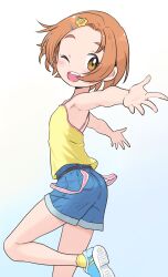 Rule 34 | 1girl, armpits, ass, blue background, blue footwear, blue shorts, brown eyes, child, commentary request, denim, denim shorts, flat chest, forehead, hair ornament, hairclip, highres, idolmaster, idolmaster cinderella girls, leg up, legs, looking at viewer, one eye closed, open mouth, orange hair, outstretched arms, parted bangs, ryuzaki kaoru, shirt, shoes, short hair, shorts, smile, sneakers, socks, solo, suspender shorts, suspenders, teeth, thighs, upper teeth only, yama tatsuo, yellow shirt, yellow socks