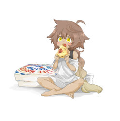 Rule 34 | 1girl, ahoge, bare shoulders, black tank top, bow, brown hair, collarbone, crossed legs, eating, food, gradient hair, hair bow, hands up, highres, holding, holding food, holding pizza, kumanou22, long hair, messy hair, multicolored hair, on floor, original, pizza, pizza box, pizza slice, ponytail, shadow, shirt, simple background, sitting, solo, tank top, white background, white bow, white shirt, yellow eyes