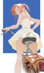 Rule 34 | 1girl, artist request, ass, bare legs, bicycle, blue eyes, breasts, brown hair, character name, cleavage, dress, expressionless, highres, looking back, neon genesis evangelion, panties, short dress, short twintails, sitting, solo, souryuu asuka langley, sundress, thighs, twintails, underwear, white panties, yellow dress