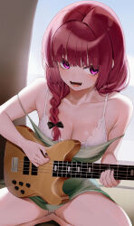 Rule 34 | 1girl, absurdres, bass guitar, black nails, blush, bocchi the rock!, bra, braid, breasts, cleavage, collarbone, dress, fingernails, green dress, highres, hiroi kikuri, holding, holding instrument, instrument, long hair, looking at viewer, medium breasts, music, nail polish, not forever2w, open mouth, panties, pink eyes, playing instrument, red hair, single braid, sitting, sleeveless, sleeveless dress, solo, underwear, white bra, white panties