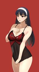 Rule 34 | 1girl, absurdres, ah-lyong lee, babydoll, bare shoulders, black hair, blush, breasts, cleavage, earrings, hairband, highres, jewelry, lingerie, mature female, pulling own clothes, pulling, red background, red eyes, see-through, smile, spy x family, underwear, yor briar