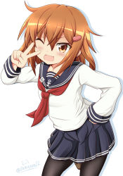 Rule 34 | 1girl, blush, breasts, brown eyes, brown hair, fang, hair ornament, hairclip, hand on own hip, ikazuchi (kancolle), kantai collection, loafers, neckerchief, one eye closed, pantyhose, red neckerchief, school uniform, serafuku, shoes, skin fang, skirt, smile, solo, tamayan, v over eye