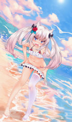 Rule 34 | 1girl, absurdres, animal ears, azur lane, bare shoulders, barefoot, beach, bikini, bikini pull, bikini top only, bird, black bikini, black bow, blue eyes, blue sky, blush, bow, cat ears, cat girl, cat tail, clothes pull, cloud, cloudy sky, collarbone, day, embarrassed, fangs, film grain, fingernails, flat chest, flower, frilled bikini, frills, full body, gradient hair, groin, hair between eyes, hair bow, hair flower, hair ornament, hair rings, halterneck, hammann (azur lane), hammann (rebellious summer) (azur lane), highres, huge filesize, leaning forward, legs, long fingernails, long hair, looking at viewer, mikawa sansen, multicolored hair, nail polish, navel, ocean, open mouth, outdoors, pink nails, pulled by self, red bikini, red bow, red flower, red rose, rose, seagull, sidelocks, single thighhigh, sky, solo, standing, stomach, swimsuit, tail, thighhighs, toenail polish, toenails, toes, twintails, water, white thighhighs