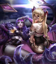 Rule 34 | 2girls, ahoge, ahri (league of legends), ahri (league of legends) (cosplay), animal ears, artist name, ass, back tattoo, bare shoulders, black legwear, blonde hair, bow, claws, cocktail glass, colored skin, commentary, cosplay, cup, d.va (overwatch), detached sleeves, drinking glass, earrings, english commentary, evelynn, evelynn (cosplay), evelynn (league of legends), eyewear on head, facepaint, facial mark, fox tail, fur trim, glasses, hair bow, heart, heart earrings, high-waist skirt, highres, holding, holding cup, idol, jewelry, k/da (league of legends), k/da ahri, k/da evelynn, league of legends, liang xing, lips, long hair, looking at viewer, looking back, lying, midriff, multiple girls, necklace, nose, on back, overwatch, overwatch 1, parted lips, patreon username, purple hair, purple skin, red bow, red eyes, red lips, signature, sitting, skirt, tail, tattoo, thighhighs, whisker markings, widowmaker (overwatch), wing tattoo