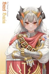 Rule 34 | 1girl, absurdres, alternate costume, arknights, armor, cape, character name, closed mouth, dragon horns, english text, gauntlets, gradient background, highres, horns, laurel crown, long sleeves, looking at viewer, orange background, orange eyes, puffy long sleeves, puffy sleeves, red cape, revision, saria (arknights), shield, silver hair, upper body, v-shaped eyebrows, zhengqi zhizi sg