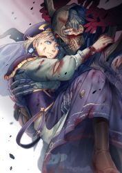Rule 34 | 1boy, 1girl, armor, bad id, bad pixiv id, blonde hair, blood, blood on clothes, blood on face, blood on hands, blue eyes, blue hair, broken helmet, carrying, death knight (fire emblem), earrings, fire emblem, fire emblem: three houses, hat, helmet, highres, jewelry, mercedes von martritz, nintendo, princess carry, short hair, spoilers, tearing up, user mnee7855