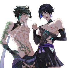Rule 34 | 2boys, :p, abs, arm tattoo, black hair, black shorts, black sleeves, blue hair, clothes lift, didin ed, facial mark, forehead mark, genshin impact, gloves, green gloves, green hair, hair between eyes, highres, japanese clothes, male focus, multicolored hair, multiple boys, muscular, muscular male, nipples, open clothes, open shirt, purple eyes, scaramouche (genshin impact), shirt lift, short hair, shorts, stomach tattoo, tattoo, tongue, tongue out, wanderer (genshin impact), white background, xiao (genshin impact), yellow eyes