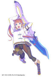 Rule 34 | 1girl, :o, arms up, belt pouch, black gloves, blue eyes, boots, brown hair, capri pants, coat, company name, copyright name, enkyo yuuichirou, full body, gloves, headphones, holding, holding sword, holding weapon, holster, huge weapon, leg up, long hair, long sleeves, looking at viewer, million chain, official art, open mouth, pants, pouch, side ponytail, simple background, solo, sword, teeth, thigh holster, tongue, two-handed, weapon, white background, white coat