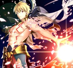 Rule 34 | 1boy, blonde hair, chietori, cowboy shot, earrings, fate/stay night, fate (series), gilgamesh (fate), hair between eyes, jewelry, looking at viewer, male focus, outstretched arms, outstretched hand, red eyes, solo, standing