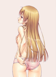 Rule 34 | 1girl, adjusting clothes, adjusting panties, amakawa akito, ass, back, blonde hair, blush, breasts, covering privates, covering breasts, from behind, grey background, long hair, looking back, original, panties, panties only, parted lips, red eyes, simple background, small breasts, solo, thighs, topless, underwear, underwear only, wide hips