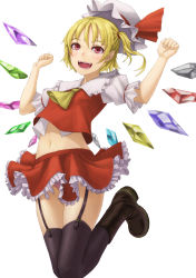 Rule 34 | 1girl, black thighhighs, blonde hair, boots, fangs, flandre scarlet, garter straps, hat, jumping, kurione (zassou), navel, open mouth, panties, pantyshot, red eyes, side ponytail, simple background, skirt, smile, solo, striped clothes, striped panties, thighhighs, touhou, underwear, upskirt, white background, wings
