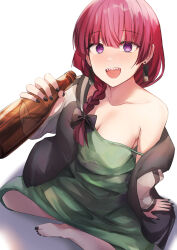 Rule 34 | 1girl, @ @, absurdres, barefoot, black bow, black jacket, black nails, blush, bocchi the rock!, bottle, bow, braid, breasts, cleavage, collarbone, commentary request, dress, drunk, earrings, green dress, hair between eyes, hair bow, highres, hiroi kikuri, holding, holding bottle, indian style, jacket, jewelry, kiyakyuu, long hair, looking at viewer, medium breasts, nail polish, open mouth, purple eyes, purple hair, sharp teeth, simple background, single bare shoulder, single off shoulder, sitting, solo, strap slip, teeth, upper teeth only, white background