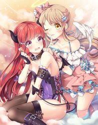 Rule 34 | 2girls, angel, angel and devil, blonde hair, blush, breasts, cleavage, collar, demon girl, demon horns, demon tail, demon wings, dress, feathered wings, halo, horns, long hair, looking at viewer, multiple girls, one eye closed, original, pointy ears, purple eyes, red hair, small breasts, tail, tears, thighhighs, wings, yellow eyes, yeni