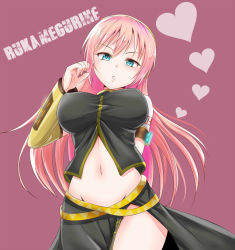 Rule 34 | 1girl, aqua eyes, arm behind back, bad id, bad pixiv id, breasts, character name, heart, large breasts, long hair, looking at viewer, megurine luka, midriff, navel, niwatori (syumi10), pink background, pink hair, solo, vocaloid