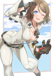 Rule 34 | 1girl, ankh, arc system works, belt, belt skirt, bent over, blue eyes, blush, breasts, brown hair, cleavage, collarbone, commission, cosplay, feet out of frame, fighting game, gloves, guilty gear, hanging breasts, highres, holding, holding mask, jack-o&#039; valentine, jack-o&#039; valentine (cosplay), jewelry, leg up, looking at viewer, love live!, love live! sunshine!!, mask, unworn mask, medium breasts, medium hair, necklace, one eye closed, open mouth, outside border, pixiv commission, salute, sky, smile, solo, straitjacket, strap, swept bangs, utiwa (utiwa 009), watanabe you, wide sleeves