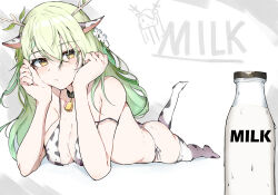 Rule 34 | 1girl, animal ears, animal print, antlers, bell, bikini, breasts, ceres fauna, cleavage, collar, cow ears, cow print, cow print bikini, cowbell, flower, glass bottle, green hair, hair flower, hair ornament, head rest, highres, hololive, hololive english, horns, large breasts, long hair, lying, milk, mole, mole under eye, on stomach, print bikini, sak1 01, solo, strap slip, swimsuit, thighhighs, virtual youtuber, yellow eyes