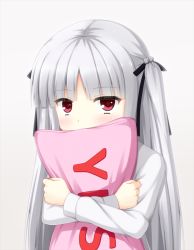 Rule 34 | 10s, 1girl, absolute duo, blush, gradient background, hair ornament, long hair, pillow, pink eyes, ribbon, silver hair, solo, twintails, yurie sigtuna