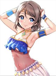 Rule 34 | 1girl, absurdres, arabian clothes, armlet, armpits, arms up, blue eyes, bracelet, breasts, brown hair, circlet, closed mouth, collarbone, covered navel, cowboy shot, highres, jewelry, looking at viewer, love live!, love live! sunshine!!, medium breasts, necklace, pendant, pleated skirt, revealing clothes, sankuro (agoitei), scan, see-through, short hair, simple background, skirt, smile, solo, sparkle, swept bangs, underboob, watanabe you, white background, white skirt