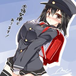 Rule 34 | 10s, 1girl, akitsu maru (kancolle), backpack, bag, black hair, blush, breast suppress, breasts, clothes pull, gloves, hat, kantai collection, large breasts, looking at viewer, mtu (orewamuzituda), peaked cap, pleated skirt, randoseru, short hair, skirt, skirt pull, solo, thighhighs, translation request, white gloves