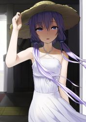 Rule 34 | 1girl, abmayo, arm up, armpits, arrow (symbol), bare arms, bare shoulders, collarbone, cowboy shot, dress, flat chest, hair between eyes, hair ornament, hand on headwear, hat, highres, looking at viewer, open mouth, purple eyes, purple hair, short hair with long locks, sidelocks, sleeveless, solo, straw hat, sun hat, sundress, sunlight, vocaloid, voiceroid, white dress, wind, yuzuki yukari