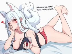 Rule 34 | + +, 1girl, alcohol, animal ears, ass, ass cutout, barefoot, blush, butt crack, chest markings, clothing cutout, coubalt, cup, drinking glass, facial mark, fox ears, fox girl, fox tail, highres, holding, looking at viewer, mole, mole under eye, multiple tails, nail polish, nijisanji, nijisanji en, nina kosaka, nipples, off shoulder, one breast out, panties, red eyes, red nails, solo, tail, underwear, virtual youtuber, white hair, wine, wine glass