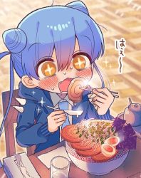 Rule 34 | + +, 1girl, blue hair, blue jacket, blush, bowl, chair, chopsticks, commentary, cup, double bun, eating, egg, fang, food, hair between eyes, hair bun, holding, holding chopsticks, jacket, long hair, long sleeves, necktie, open clothes, open jacket, open mouth, orange eyes, saliva, shinigami dot com, shirt, sitting, solo, sparkle, spikes, table, tissue box, twintails, wavy mouth, white shirt, yasashii naizou