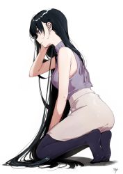 Rule 34 | 1girl, bare shoulders, black hair, black pantyhose, breasts, closed mouth, commentary request, expressionless, from side, full body, grey skirt, hand in own hair, high-waist skirt, kawai makoto, kneeling, legs together, long hair, medium breasts, original, pantyhose, profile, signature, simple background, skirt, sleeveless, solo, sweater, sweater vest, turtleneck, turtleneck sweater, very long hair, white background