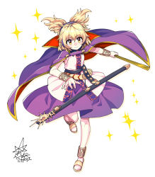 Rule 34 | 1girl, belt, black belt, blouse, bracelet, brown eyes, cape, closed mouth, commentary, earmuffs, full body, gold, highres, holding, jewelry, light brown hair, looking at viewer, pointy hair, purple cape, purple skirt, ritual baton, sandals, sheath, sheathed, shirt, short hair, signature, simple background, skirt, sleeveless, sleeveless shirt, smile, solo, standing, standing on one leg, star (symbol), sword, touhou, toyosatomimi no miko, umigarasu (kitsune1963), weapon, white background, white shirt