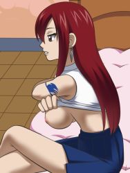 Rule 34 | 1girl, awa, bed, breasts, brown eyes, earrings, erza scarlet, fairy tail, female focus, jewelry, crossed legs, long hair, nipples, red hair, shirt, sitting, skirt, solo, tattoo, undressing