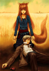 Rule 34 | 00s, 1boy, 1girl, animal ears, brown hair, craft lawrence, closed eyes, field, holo, jacket, kneeling, long hair, lying, pouch, red eyes, spice and wolf, suiso, suiso (oxygen2), tail, wheat, wolf ears, wolf tail