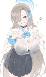 Rule 34 | 1girl, asuna (blue archive), black bra, blue archive, blue eyes, blush, bow, bowtie, bra, bra visible through clothes, breasts, button gap, choker, cleavage, collared shirt, dress shirt, grey skirt, grin, hair over one eye, halo, highres, large breasts, light brown hair, long hair, long sleeves, looking at viewer, myao (o3o333), pleated skirt, revision, scrunchie, shirt, skirt, smile, solo, underwear, very long hair, wet, wet clothes, white shirt, wrist scrunchie
