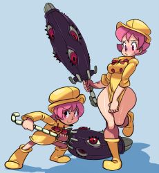Rule 34 | 2girls, bad id, bad tumblr id, blush, boots, breasts, closed umbrella, dual persona, gonzozeppeli, hat, hungern (skullgirls), jacket tug, multiple girls, aged up, pink eyes, pink hair, rubber boots, raincoat, rubber boots, short hair, skullgirls, sweatdrop, time paradox, umbrella, umbrella (skullgirls), undersized clothes, wide hips