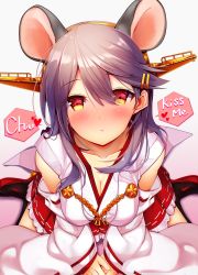 Rule 34 | 1girl, animal ears, bare shoulders, black hair, blush, breasts, brown eyes, cleavage, detached sleeves, hair between eyes, hair ornament, hairband, hairclip, haruna (kancolle), headgear, highres, japanese clothes, kantai collection, large breasts, long hair, looking at viewer, mouse ears, open mouth, red skirt, sitting, skirt, solo, tsukui kachou
