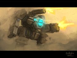 Rule 34 | arm cannon, bottoms1237, firing, glowing, highres, letterboxed, mecha, no hands, no humans, original, robot, sand, science fiction, solo, standing, turret, weapon