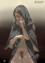 Rule 34 | 1girl, artist name, black cloak, black panties, blonde hair, blue eyes, blush, cloak, club3, commentary request, covering own mouth, cowboy shot, deathbed smalls, elden ring, fia the deathbed companion, gradient background, groin, hair over one eye, hand up, hood, hood up, lifted by self, looking at viewer, panties, patreon username, solo, standing, underwear, watermark, web address
