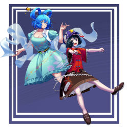 Rule 34 | 2girls, absurdres, aqua dress, belt, black neckwear, black ribbon, black skirt, blue background, blue eyes, blue hair, border, breasts, brown footwear, cabbie hat, cleavage, collarbone, commentary request, dress, floral print, flower, full body, hagoromo, hair between eyes, hair ornament, hair rings, hair stick, hat, hat ornament, highres, index finger raised, jiangshi, kaku seiga, looking at viewer, medium breasts, megato, miyako yoshika, multiple girls, ofuda, open clothes, open mouth, open vest, outstretched arms, paperclip, parted lips, puffy short sleeves, puffy sleeves, purple hair, red shirt, ribbon, sharp teeth, shawl, shirt, short hair, short sleeves, skirt, skull and crossbones, skull ornament, small breasts, smile, star (symbol), star hat ornament, teeth, touhou, vest, white vest, wide sleeves, zombie pose