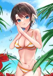 Rule 34 | 1girl, aqua eyes, beach, bikini, black hair, blush, braid, breasts, breasts squeezed together, cleavage, covered erect nipples, cowboy shot, flower, grin, hololive, medium breasts, nail polish, navel, ocean, oozora halu, oozora subaru, oozora subaru (hololive summer 2019), palm leaf, palms together, red nails, short hair, smile, solo, striped bikini, striped clothes, swept bangs, swimsuit, virtual youtuber, water