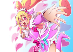 Rule 34 | 1girl, :d, aida mana, arm warmers, bike shorts, bike shorts under skirt, blonde hair, boots, bow, brooch, choker, cure heart, curly hair, dokidoki! precure, hair ornament, half updo, heart, heart background, heart brooch, heart hair ornament, kangakuraku12, knee boots, long hair, magical girl, open mouth, outstretched hand, pink bow, pink eyes, pink footwear, ponytail, precure, ribbon, shorts, shorts under skirt, skirt, smile, solo, waist bow
