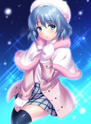 Rule 34 | 1boy, beret, black thighhighs, blue background, blue eyes, blue hair, blush, capelet, coat, commentary, commission, cowboy shot, english commentary, eyes visible through hair, fur-trimmed capelet, fur trim, gloves, grey skirt, hair between eyes, hand up, hat, long sleeves, looking at viewer, medium hair, miniskirt, open clothes, open coat, parted lips, pink coat, pink fur, plaid, plaid skirt, pleated skirt, pom pom (clothes), riddle joker, school uniform, shiny skin, simple background, skeb commission, skirt, solo, sparkle, suou kyouhei, thighhighs, trap, white capelet, white gloves, white hat, winter clothes, zen (kamuro), zettai ryouiki