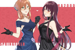 Rule 34 | 2girls, a821, bare shoulders, black dress, black gloves, blue dress, blush, brown hair, character name, couple, dress, earrings, eyebrows hidden by hair, eyes visible through hair, girls&#039; frontline, gloves, green eyes, hair between eyes, hands up, heart, holding hands, interlocked fingers, jewelry, long hair, looking at viewer, multiple girls, neck, off-shoulder dress, off shoulder, official alternate costume, open mouth, purple hair, red background, red eyes, sidelocks, smile, springfield (girls&#039; frontline), springfield (queen in radiance) (girls&#039; frontline), straight hair, strapless, strapless dress, symmetry, very long hair, wa2000 (ballroom interlude) (girls&#039; frontline), wa2000 (girls&#039; frontline), yuri