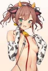 Rule 34 | 1girl, :d, absurdres, ahoge, animal ears, animal print, areola slip, beige background, bell, black collar, black ribbon, blush, breasts, brown hair, collar, commentary request, cow ears, cow horns, cow print, ear tag, elbow gloves, fake animal ears, fake horns, gloves, gradient background, green eyes, hair ribbon, hands up, highres, hololive, horns, looking at viewer, medium breasts, natsuiro matsuri, navel, neck bell, open mouth, ribbon, short hair, slingshot swimsuit, smile, solo, swimsuit, sy4, twintails, upper body, virtual youtuber, white gloves
