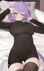 Rule 34 | 1girl, absurdres, alternate costume, animal ear fluff, animal ears, bed sheet, black bodysuit, black thighhighs, blush, bodysuit, breasts, cat ears, commentary, ears down, hair between eyes, hands up, head on pillow, highres, hololive, large breasts, long sleeves, looking at viewer, lying, nekomata okayu, on back, on bed, pillow, purple eyes, short hair, shuuzo3, smile, solo, thighhighs, thighs, virtual youtuber