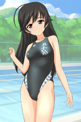 Rule 34 | 10s, 1girl, arena (company), bad id, bad pixiv id, black eyes, black hair, black one-piece swimsuit, breasts, chain-link fence, cloud, collarbone, competition swimsuit, day, fence, girls und panzer, highres, isuzu hana, long hair, looking at viewer, mountain, one-piece swimsuit, pool, sky, small breasts, smile, solo, standing, swimsuit, takafumi, water