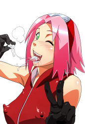 Rule 34 | 1girl, after fellatio, aftersex, black gloves, blush, breasts, clothes, cum, cum in mouth, cum on tongue, female focus, gloves, green eyes, haruno sakura, headband, medium breasts, medium hair, naruto (series), naruto shippuuden, nipples, one eye closed, open mouth, pink hair, simple background, solo, sunahara wataru, tongue, tongue out, v, white background