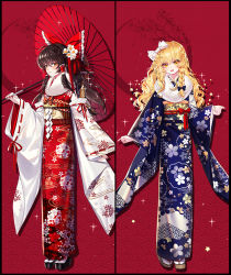 Rule 34 | 2girls, absurdres, adapted costume, alternate costume, baocaizi, blonde hair, blue bow, blue kimono, blush, bow, braid, brown hair, checkered bow, checkered clothes, cherry blossom print, crescent, detached sleeves, egasumi, floral print, flower, frilled bow, frills, full body, fur-trimmed kimono, fur trim, hair bow, hair flower, hair ornament, hair tubes, hakurei reimu, hand up, hexagon, highres, holding, holding umbrella, huge filesize, japanese clothes, kikkoumon, kimono, kirisame marisa, long hair, long sleeves, looking at viewer, multiple girls, obi, obiage, obijime, oil-paper umbrella, open mouth, parted lips, red background, red bow, red kimono, red ribbon, ribbon, ribbon-trimmed sleeves, ribbon trim, sandals, sash, seigaiha, shide, side braid, sidelocks, single braid, sparkle, standing, star (symbol), star hair ornament, tabi, tassel, touhou, umbrella, wavy hair, white bow, white legwear, wide sleeves, yellow eyes, zouri