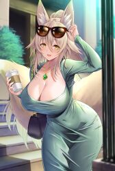 Rule 34 | 1girl, blonde hair, blush, breasts, cleavage, commission, covered navel, cup, dress, emanon123, eyewear on head, fox girl, fox tail, green dress, hand up, highres, holding, holding cup, jewelry, large breasts, long hair, long sleeves, looking at viewer, multiple tails, necklace, open mouth, original, outdoors, skeb commission, smile, solo, sunglasses, tail, yellow eyes