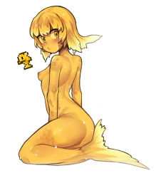 Rule 34 | 1girl, ass, back, blonde hair, blush, breasts, colored skin, goldfish (terraria), looking at viewer, mermaid, monster girl, nipples, nude, nyong nyong, personification, pussy, scales, simple background, sitting, small breasts, solo, terraria, wet, white background, yellow eyes, yellow skin