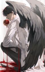 Rule 34 | 1boy, apple, black footwear, black hair, black nails, black pants, black wings, blood, demon horns, food, fruit, highres, holding, holding food, holding fruit, horns, kim dokja, looking back, omniscient reader&#039;s viewpoint, open mouth, pants, red apple, red horns, ryouun, solo, squatting, white background, wings